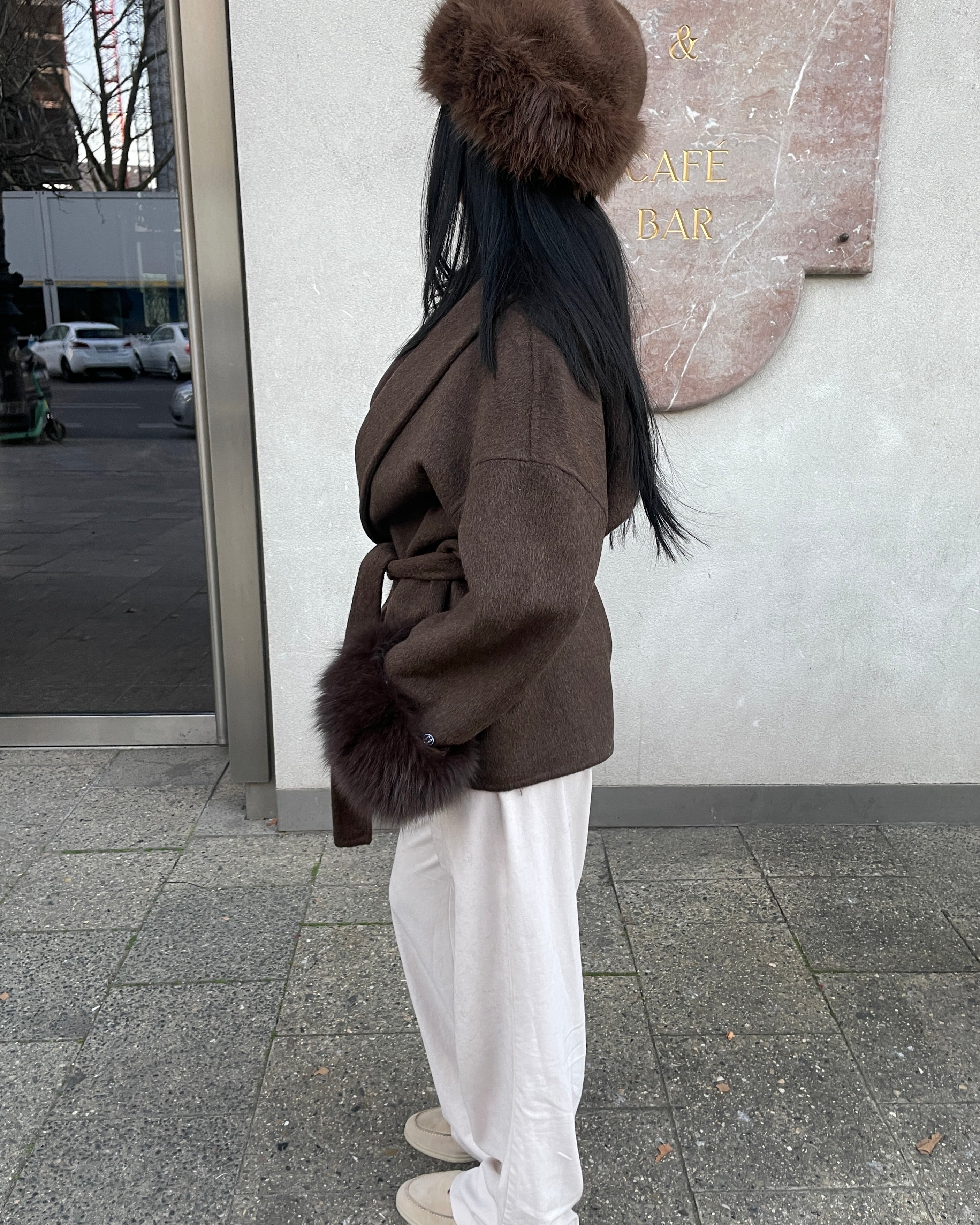 Belted Wool Fur Trim Coat