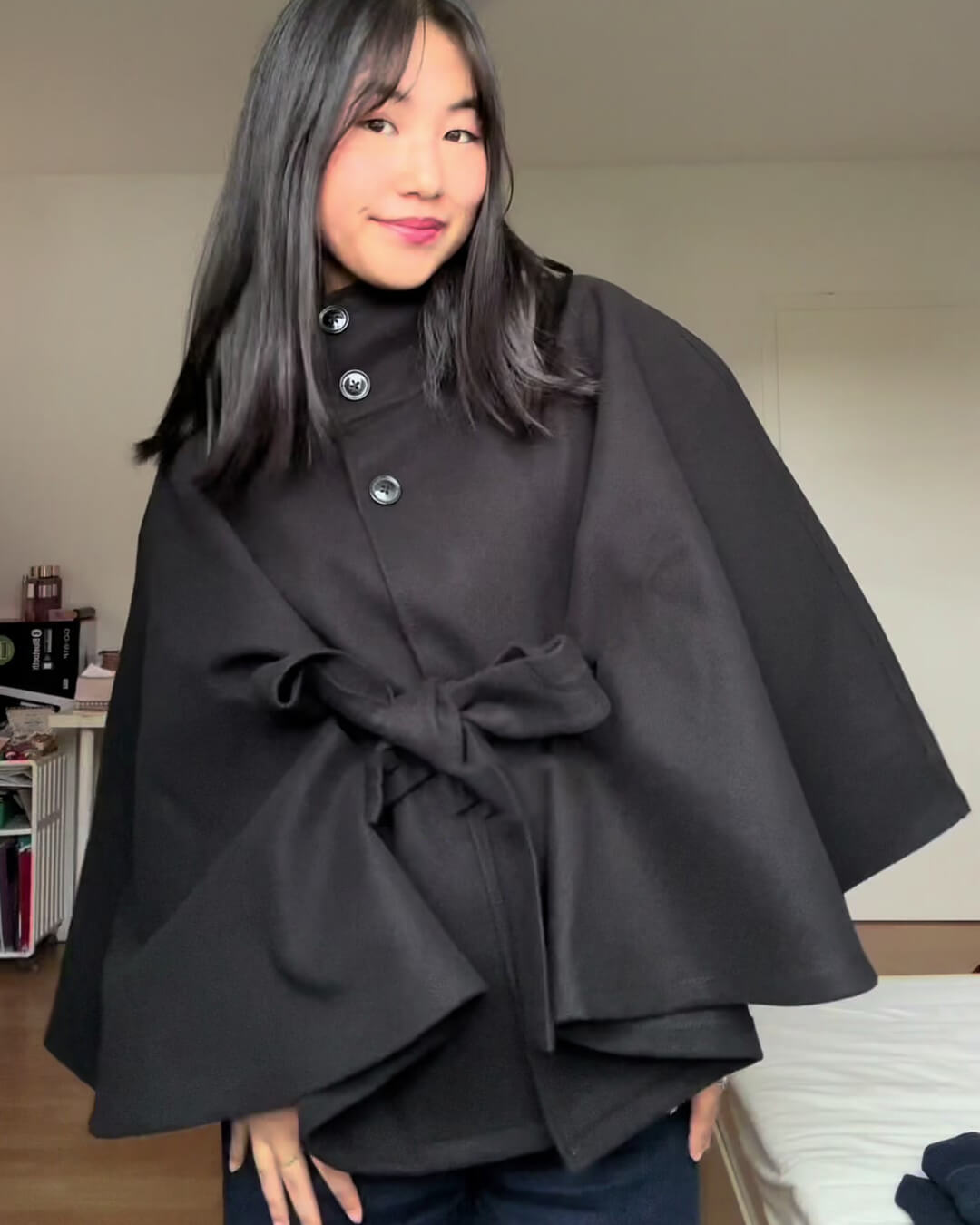 Marianne Elegant High-Neck Belted Cape Jacket