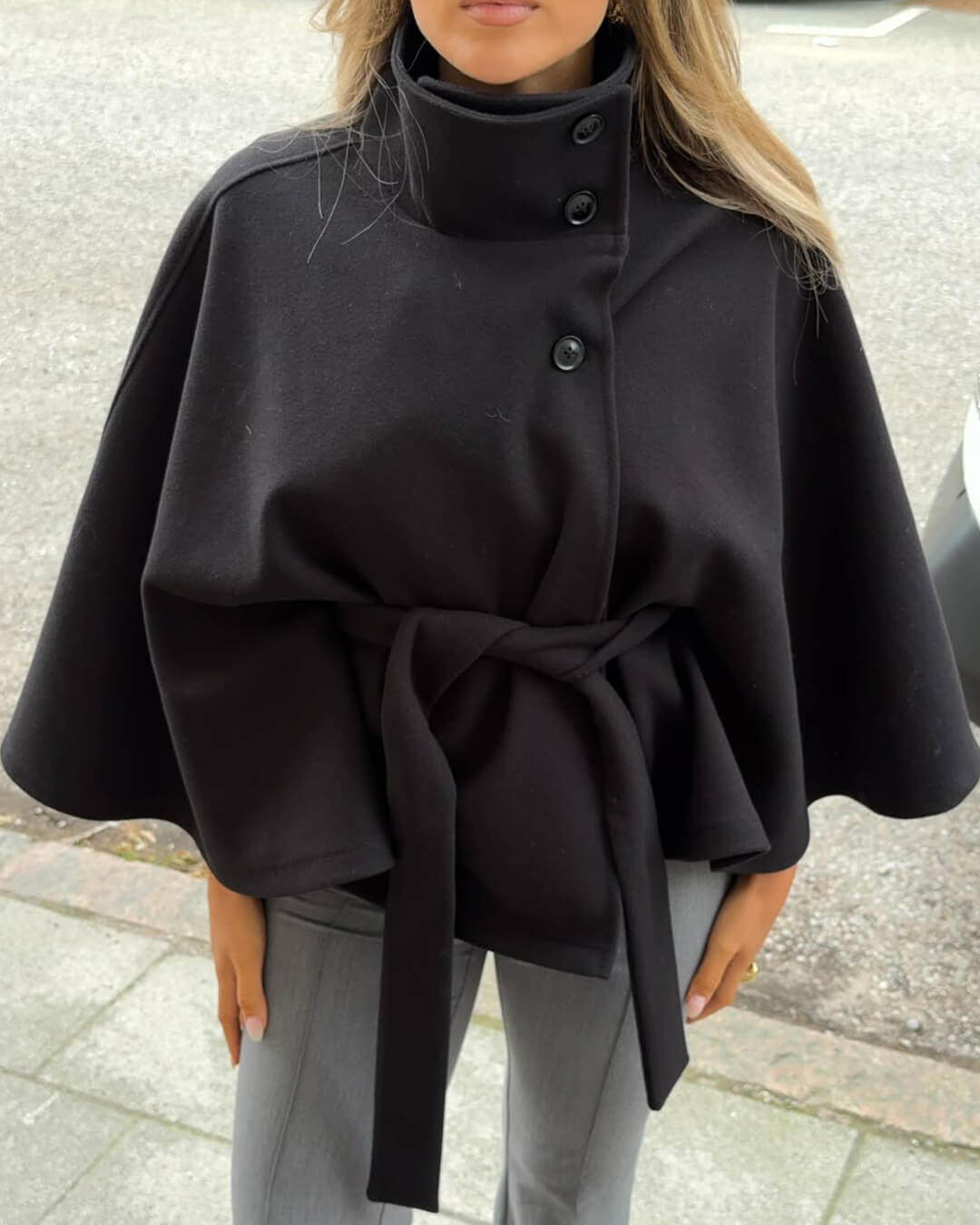 Marianne Elegant High-Neck Belted Cape Jacket
