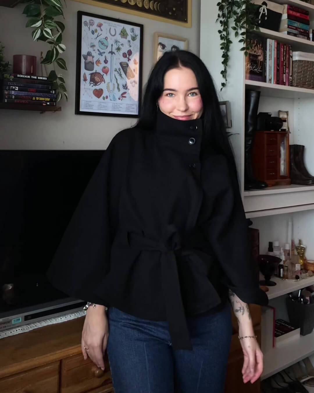 Marianne Elegant High-Neck Belted Cape Jacket