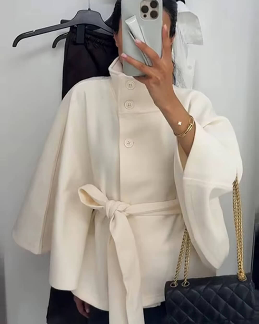 Marianne Elegant High-Neck Belted Cape Jacket