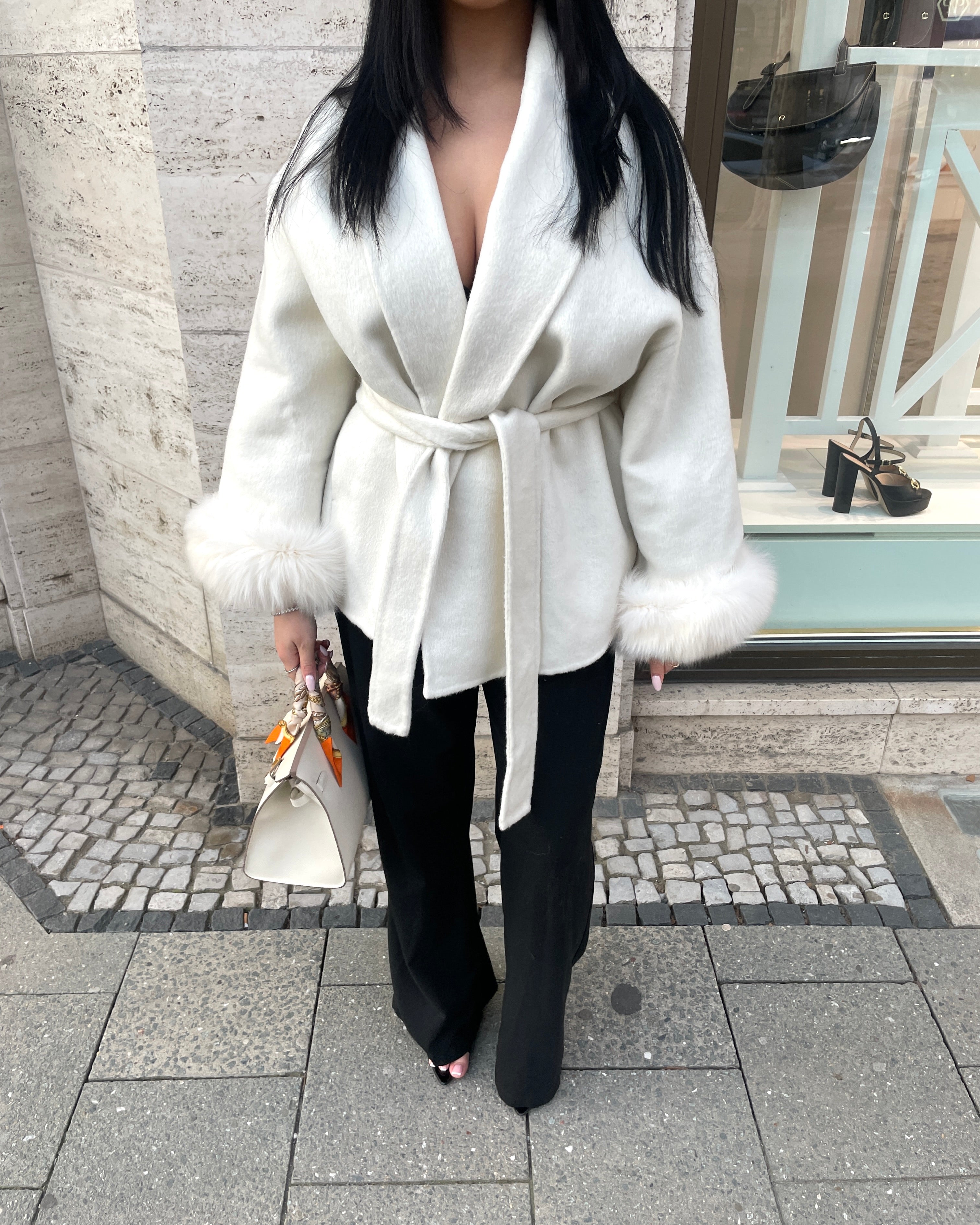 Belted Wool Fur Trim Coat
