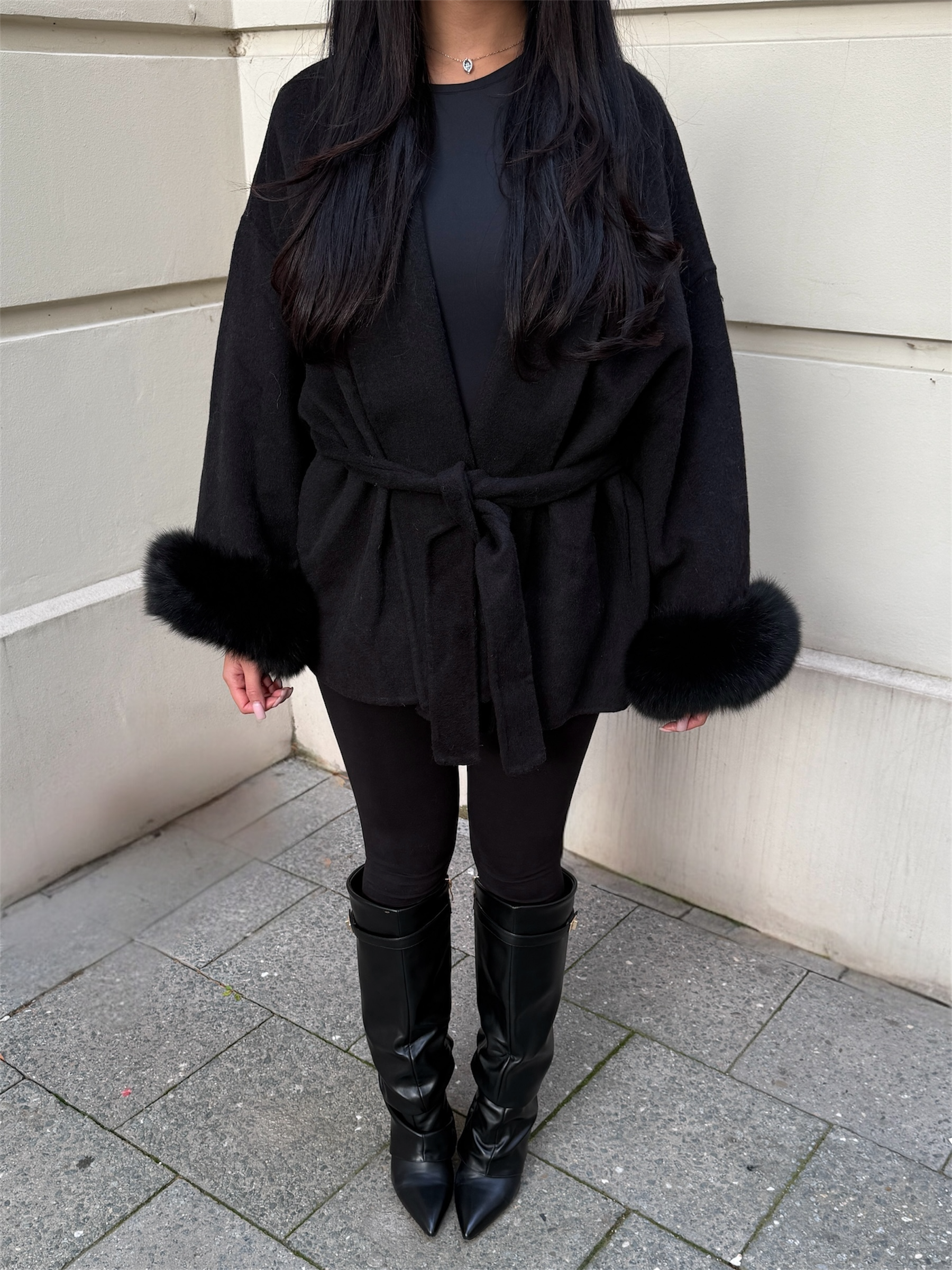 Belted Wool Fur Trim Coat