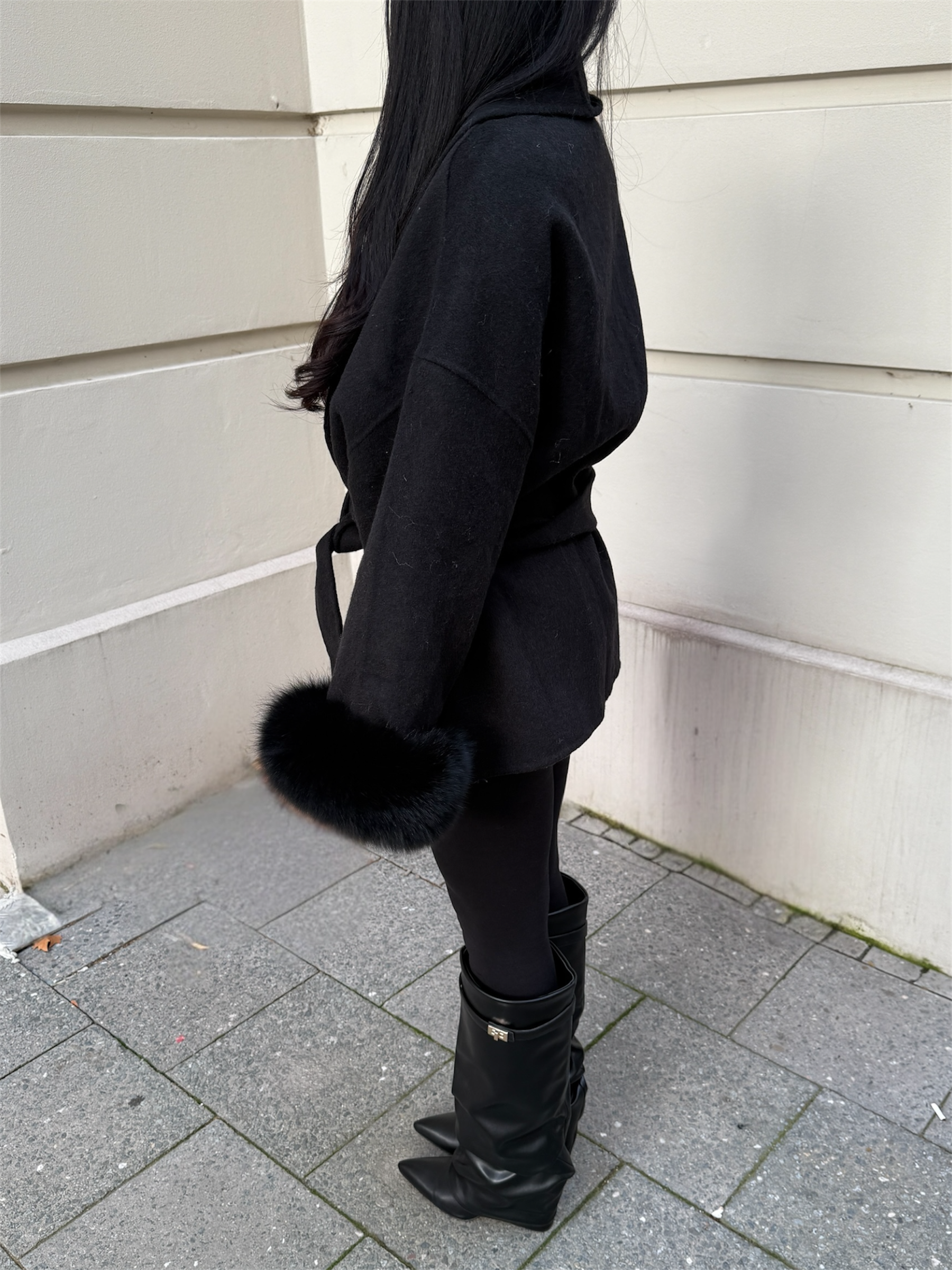 Belted Wool Fur Trim Coat